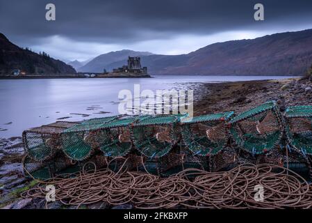Lobster Creels on the shores of Loch Duich near Eilean Donan Castle, Highlands, Scotland, United Kingdom, Europe Stock Photo
