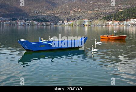 Scenic landscape with a blue 'Plava' the old traditional Greek fishing boat on the waters of Lake Orestiada in Kastoria, Western Macedonia Greece. Stock Photo