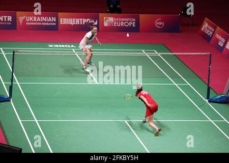 KYIV, UKRAINE - APRIL 30, 2021 - Line Christophersen and Julie Dawall Jakobsen of Denmark are seen during their women's singles quarter-final match at the 2021 European Badminton Championships at the Palace of Sports, Kyiv, capital of Ukraine. Credit: Ukrinform/Alamy Live News Stock Photo