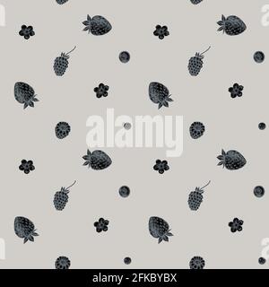 Seamless pattern with hand drawn stylized strawberry, blueberry, red currant, raspberry, blackberry Stock Vector
