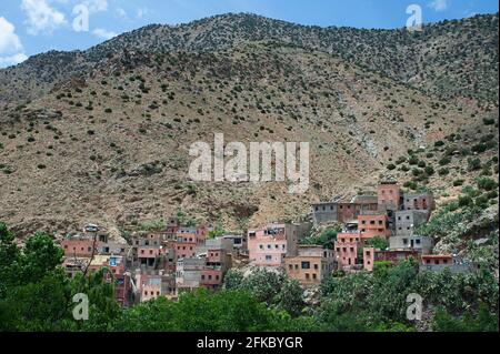 Solitary Berber village of Sti Fadma, also known as Setti Fatma, cluster of traditional houses situated in Ourika Valley close to the seven waterfalls Stock Photo