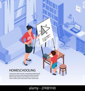 Isometric family homeschooling background with indoor home interior and mother with child doing lessons with text vector illustration Stock Vector