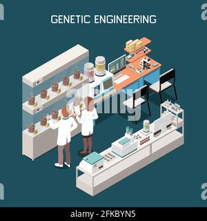 Genetics isometric concept with scientists and laboratory with equipment for genetic engineering 3d vector illustration Stock Vector