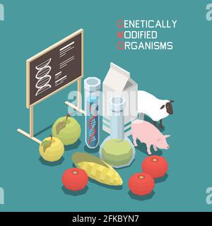 Genetics isometric concept with genetically modified food and animals 3d vector illustration Stock Vector