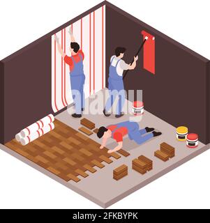 Home remodeling repair service isometric composition with renovation team wallpapering laying floor tiles painting walls vector illustration Stock Vector