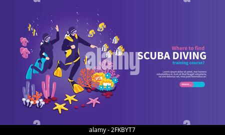 Scuba diving training isometric horizontal web page banner with colorful underwater world divers equipment background vector illustration Stock Vector
