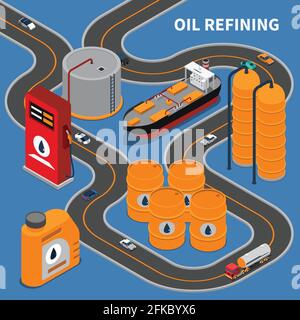 Oil and gas industry isometric composition with refining equipment and transportation means 3d vector illustration Stock Vector