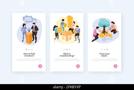 Crowdfunding 3 isometric vertical banners set with growing ideas starting projects finding investors info isolated vector illustration Stock Vector