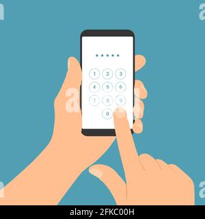 Flat design illustration of male hand holding mobile phone. Enters the PIN code on the numeric keypad of the touch screen - vector Stock Vector