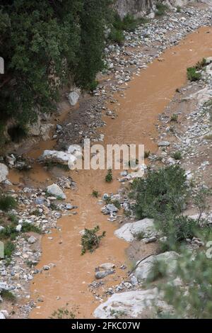Stream flowing muddy water after torrential rainfall. Andalusia, Spain. Stock Photo