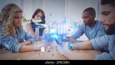 Composition of screen with data processing over business people using smartphones Stock Photo