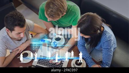 Composition of screen with data processing over business people using laptop Stock Photo