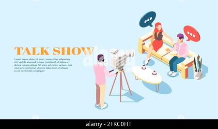 Isometric background with talk show host guest and operator in studio 3d vector illustration Stock Vector