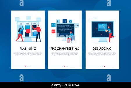 Vertical banners set with programmers planning work testing programs and debugging flat isolated vector illustration Stock Vector