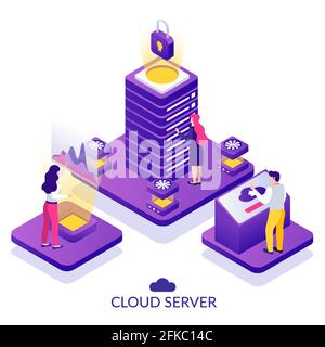 Datacenter secure cloud server service isometric composition with analytics virtually accessing data storage white background vector illustration Stock Vector