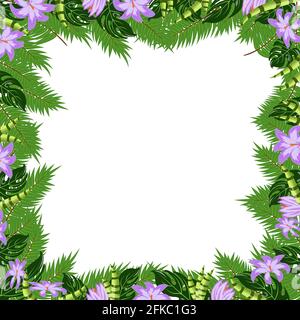 Trendy tropical leaves and tropical flowers nature vector poster in bright and green light colors. Poster tropical frame design isolated on white ba Stock Vector