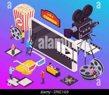Isometric cinema composition with small characters of people and images of essential movie making watching items vector illustration Stock Vector