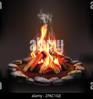 Burning wood campfire with orange flame surrounded by stones on dark background realistic vector illustration Stock Vector