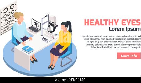 Ophthalmology isometric horizontal banner with composition of button editable text patient and specialist at doctors office vector illustration Stock Vector