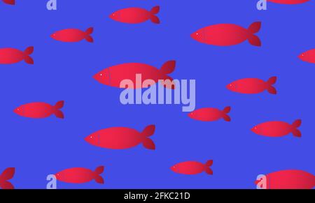 Red Fishes Seamless Pattern with blue Background. Stock Photo