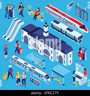Isometric railway station set of isolated railroad complex constructor elements with trains buildings and human characters vector illustration Stock Vector