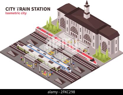 Isometric railway station composition with historical building of terminal and rail tracks with platforms and passengers vector illustration Stock Vector