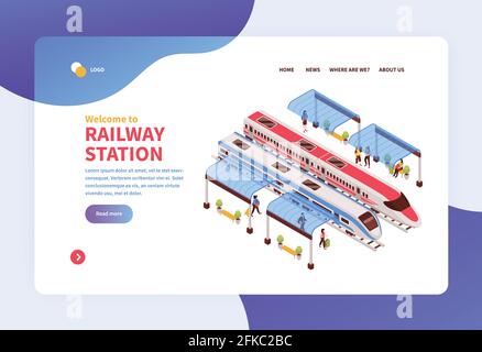 Isometric railway station concept banner web site landing page design with clickable links and editable text vector illustration Stock Vector