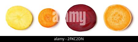 Sliced vegetables - potato, carrot, beetroot, sweet potato isolated on white background, top view Stock Photo