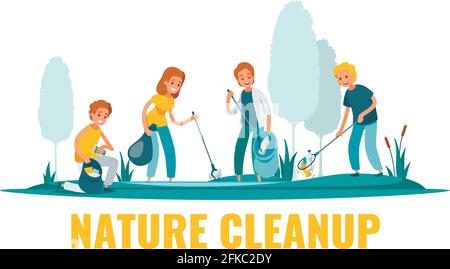 Nature cleanup flat composition with group volunteers picking up litter bottles plastic packaging trash outdoor vector illustration Stock Vector
