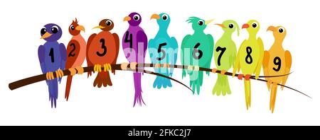 Kids learning numbers from 1 to 9 with birds isolated on white. Educational material. Card for teaching. Stock Vector