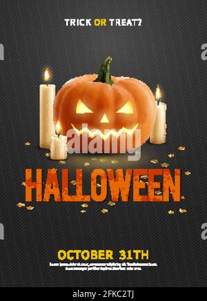 Realistic invitation poster with halloween pumpkin and three burning candles on dark background vector illustration Stock Vector