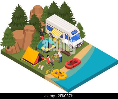 Camping hiking touristic isometric composition with outdoor view of camper van tents and people making campfire vector illustration Stock Vector