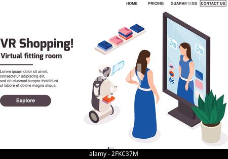 Modern clothing store isometric landing page with clickable links and image of woman in electronic mirror vector illustration Stock Vector