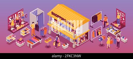 Clothing department store isometric  horizontal composition with shopping mall building fitting room display stands customers vector illustration Stock Vector