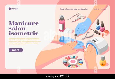 Colored isometric beauty salon landing page with manicure tools and artist painting nails 3d vector illustration Stock Vector