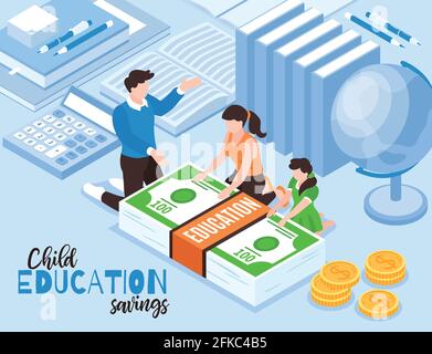 Isometric family budget education composition with text and workspace elements with money and characters of family members vector illustration Stock Vector