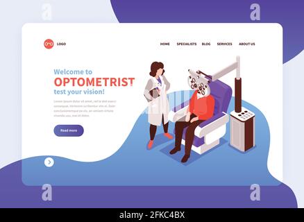 Isometric ophthalmology concept banner website background with clickable links read more button text and appointment images vector illustration Stock Vector