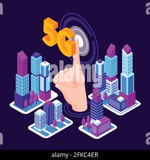 Isometric technologies future 5g internet composition with image of human finger pushing button with tall buildings skyscrapers vector illustration Stock Vector
