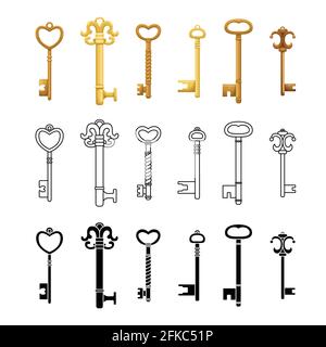 Vector set of retro keys in three styles - flat, outline, simple. Stock Vector