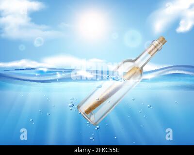 Bottle in wave realistic composition with shining sun on sky and sea with flowing glass bottle vector illustration Stock Vector