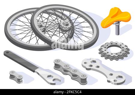 Bicycle repair maintenance tools spare parts accessories isometric set with wheels wrench saddle cogs isolated vector illustration Stock Vector
