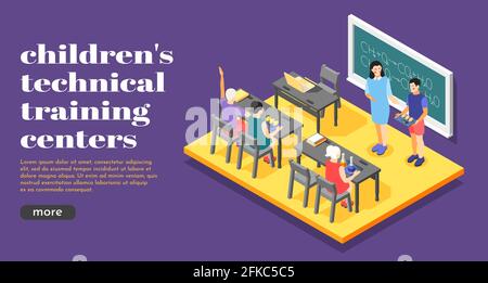 Children technical center online training  landing web page with chemical formulas on chalkboard isometric background vector illustration Stock Vector