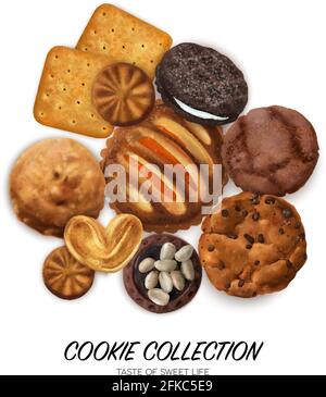 Realistic cookies concept with chocolate sandwich and hearts cookies vector illustration Stock Vector