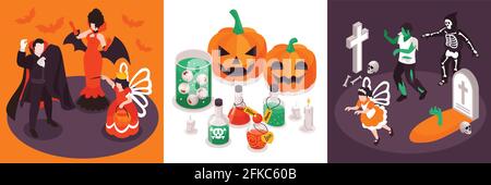 Isometric halloween party design concept with square compositions of funky characters in costumes with potions pumpkins vector illustration Stock Vector