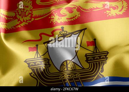 3D illustration flag of New Brunswick is a region of Canada. Waving on the wind flag textile background Stock Photo