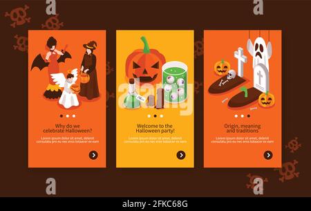 Set of colorful isometric banners with halloween party elements grave angel witch vampire jack o lantern 3d isolated vector illustration Stock Vector