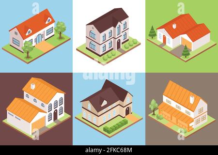 Isometric private house design concept set with different size price and style buildings vector illustration Stock Vector