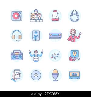 Music - modern line design style icons set. Leisure, hobby idea. Sound studio equipment and musicians images. Vinyl, choir, metronome, cassette, guita Stock Vector
