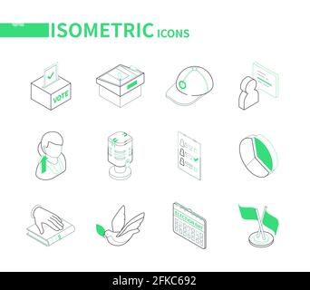 Election and voting - modern line isometric icons set. Politics and electioneering concept. Ballot box, lectern, microphone, completed paper, candidat Stock Vector