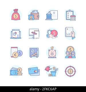 Finance app - line design style icons set. Financial management and budget. Income, wallets, bank account, analytics. Debts, currency, emergency fund. Stock Vector